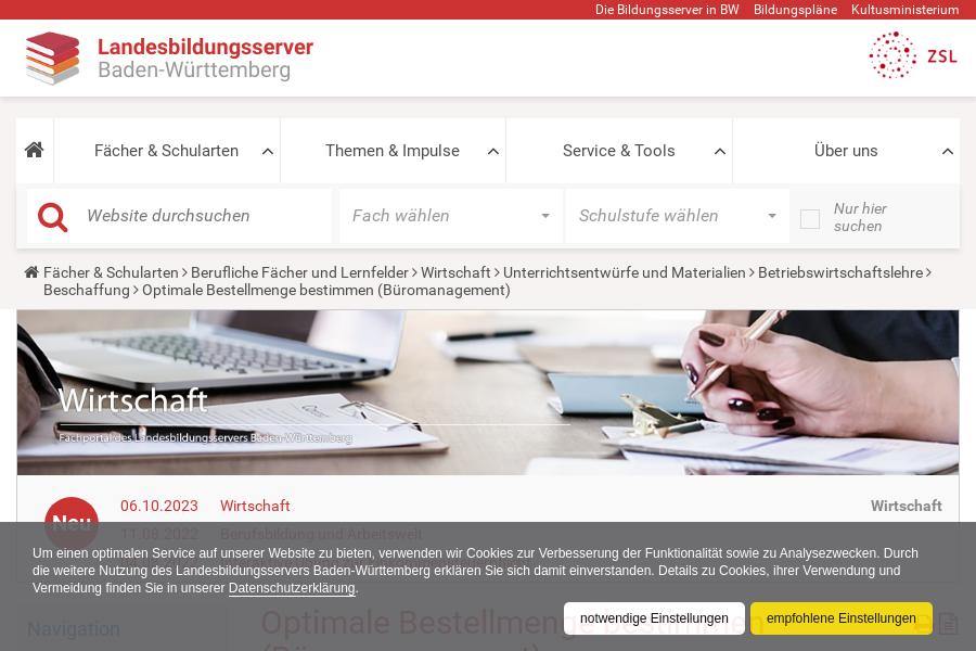 Cover: Optimale Bestellmenge bestimmen (Büromanagement) — Landesbildungsserver Baden-Württemberg