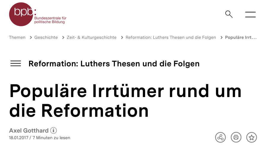 Cover: Populäre Irrtümer rund um die Reformation | bpb