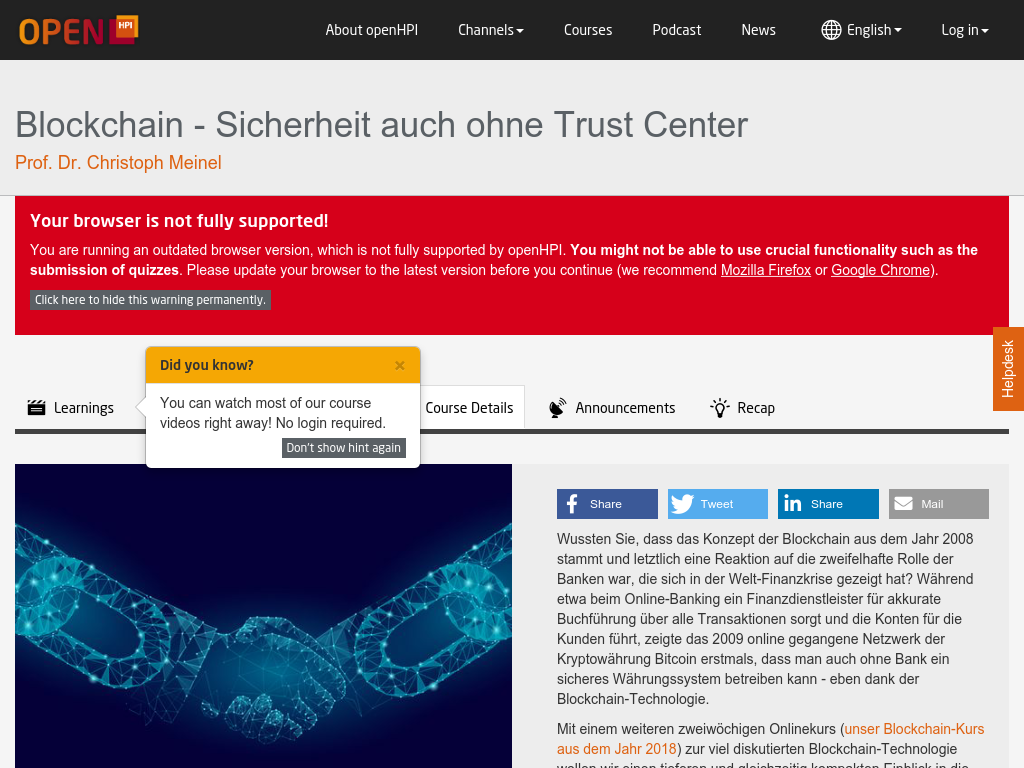 Cover: Blockchain - Sicherheit auch ohne Trust Center | openHPI
