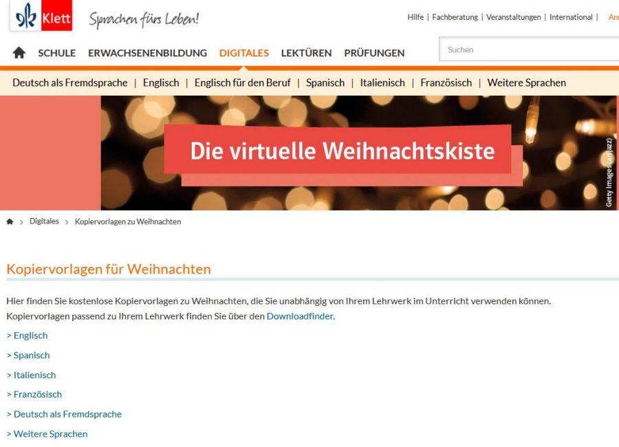 Cover: Die virtuelle Weihnachtskiste - Kopiervorlagen | Klett-Sprachen.de