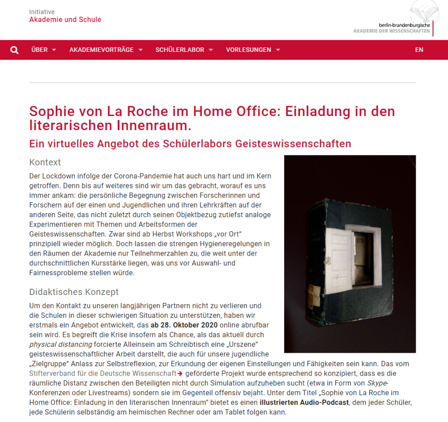 Cover: Virtuelles Schülerlabor: Sophie von La Roche im Home Office: Einladung in den literarischen Innenraum