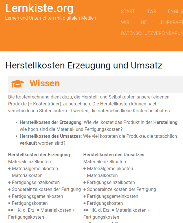 Cover: Herstellkosten Erzeugung und Umsatz – Lernkiste.org