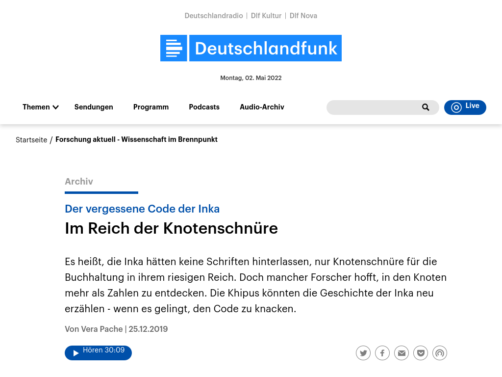 Cover: Der vergessene Code der Inka - Im Reich der Knotenschnüre | deutschlandfunk.de
