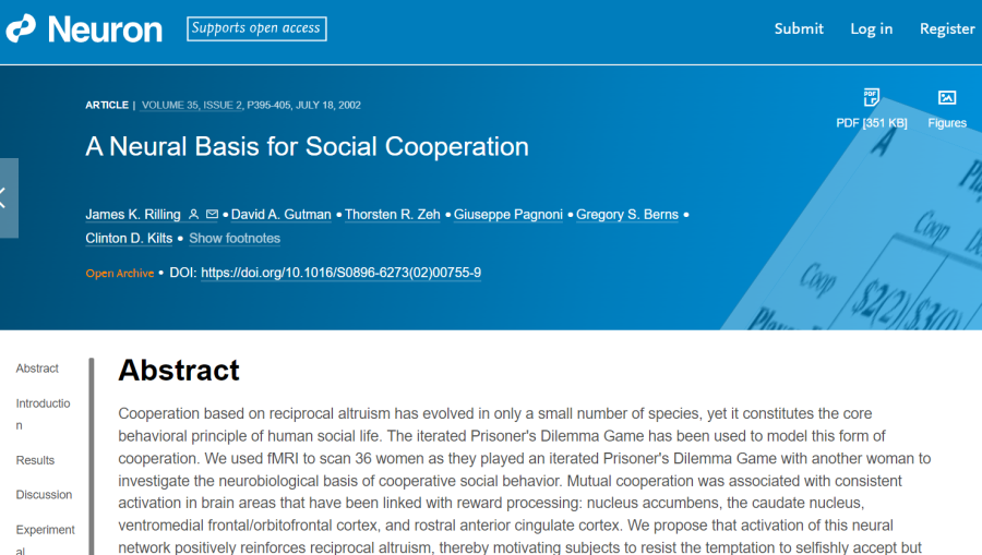 Cover: A Neural Basis for Social Cooperation